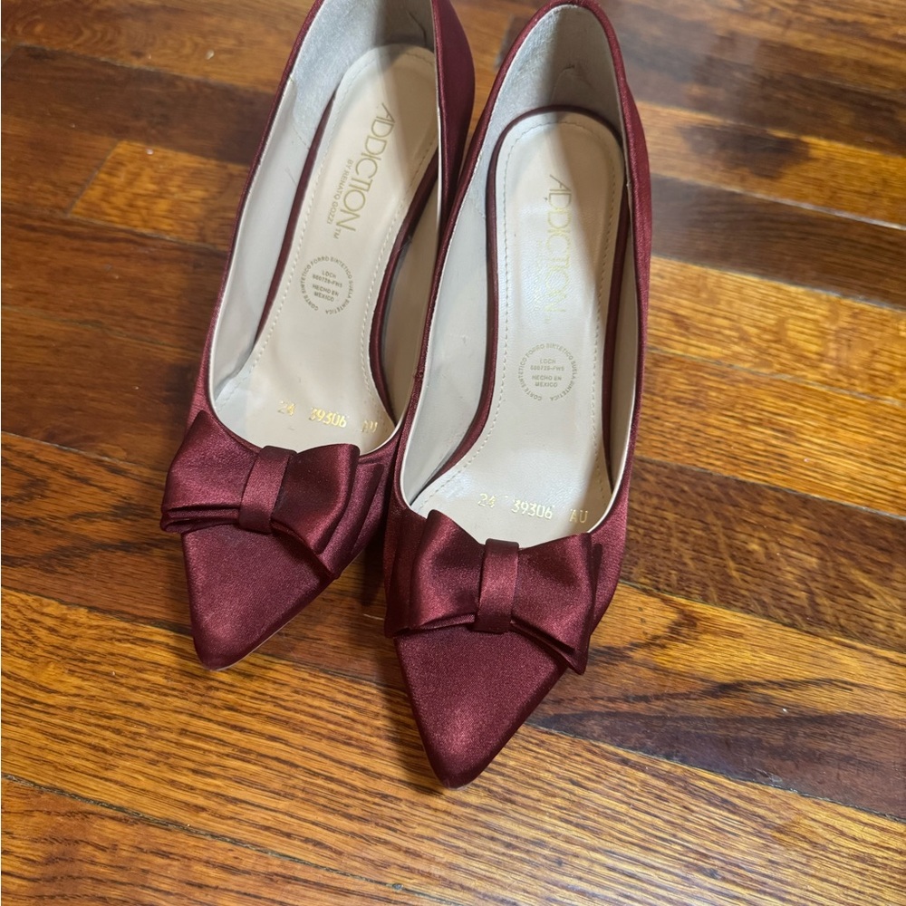 Addiction Deep Red Satin Heels with Bow